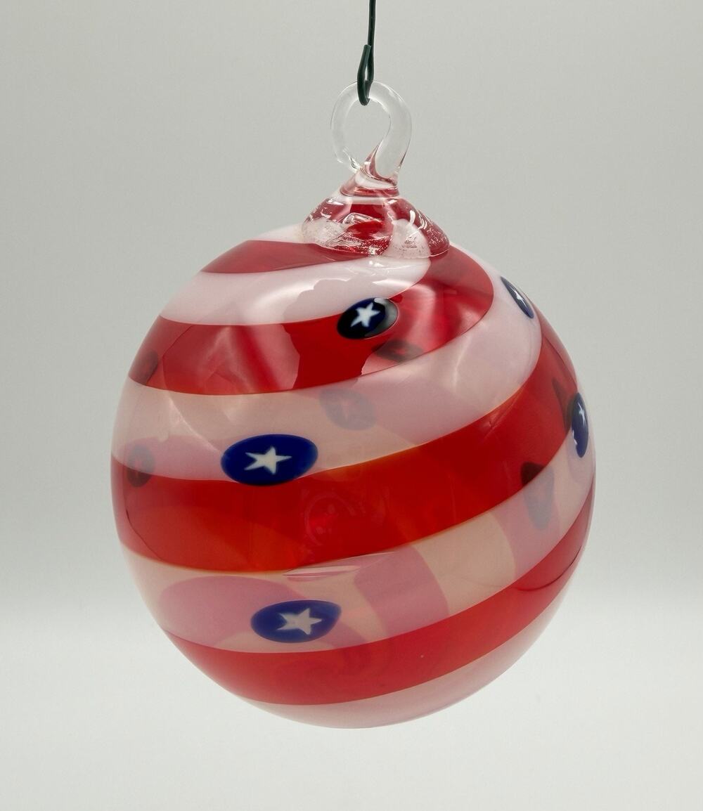 Glass Eye Studio Blown Glass Patriotic Ornament 4” Red White Blue Stars & Stripe